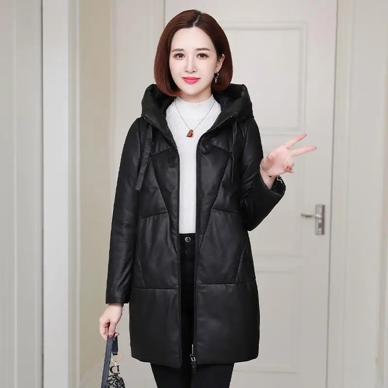 

Parka Plus Size Down Dadded Women's Jackets 2021 Winter PU Leather Hooded Black Loose Thickening Warm Long Parkas Coats Woman