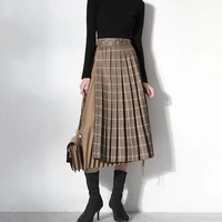 new women plaid high waist pleated skirts streetwear british style long skirt chic vintage style ladies bottoms female