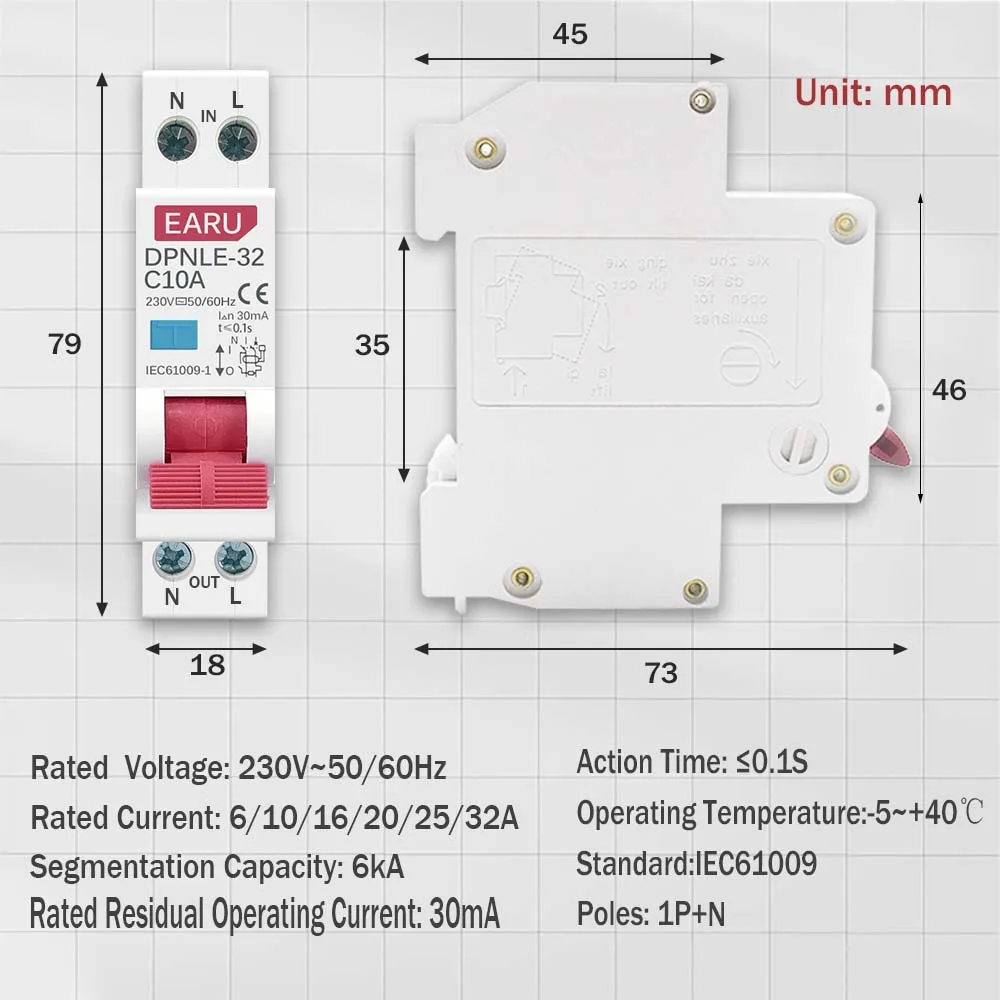 Автоматический выключатель дифференциального тока 18 мм 230 в 50/60 Гц RCBO 1P + N 6KA