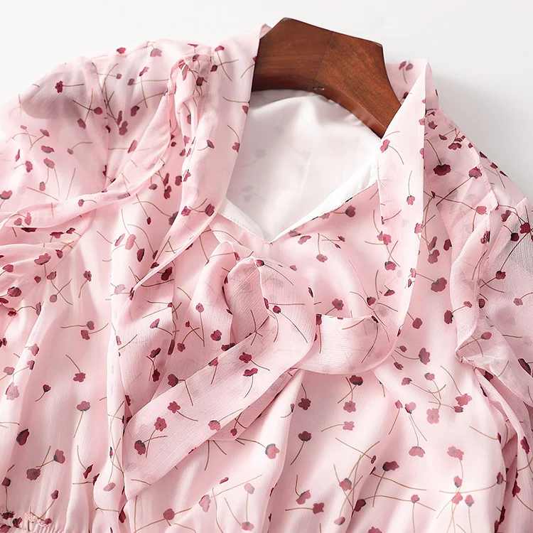 

2019 Spring Romantic Pink Long Sleeve Pink Chiffon Dresses Women A-line Long Floral Pink Dresses Bow Tie Collar Long Dresses