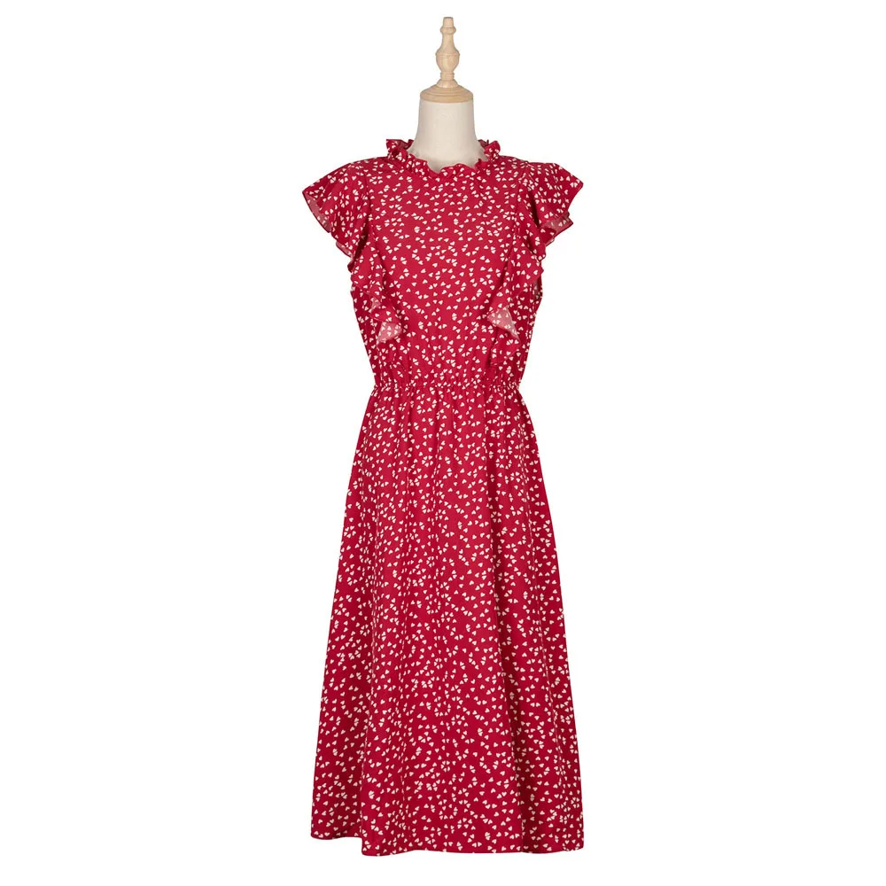 

Women Chiffon Loose Midi Dress Summer Red Dots Print Ruffles Sweet Elegant Vintage Sleeveless Sexy Boho Beach Dress Woman Cothes