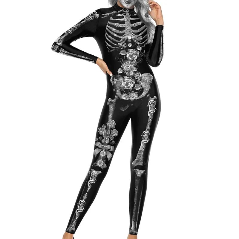 Сексуальный женский комбинезон с рисунком розы скелета длинным рукавом Высокий