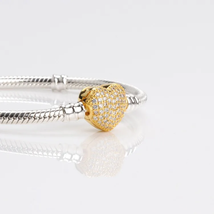 

Original 925 Silver Shiny Golden Heart With Crystal Button Pan Bracelet Fit European Charm Bracelets Women Jewelry
