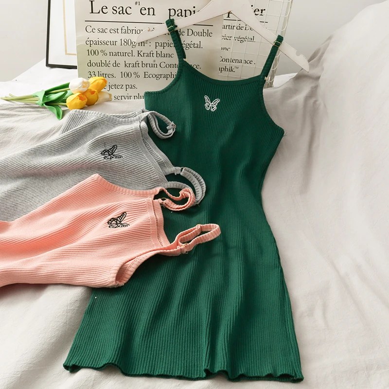 

Slip Dress Mini Bodycon Sexy Butterfly Dress Women Knitted Club Dresses Woman Party Night Elegant 2021 Autumn Embroidery Clothes