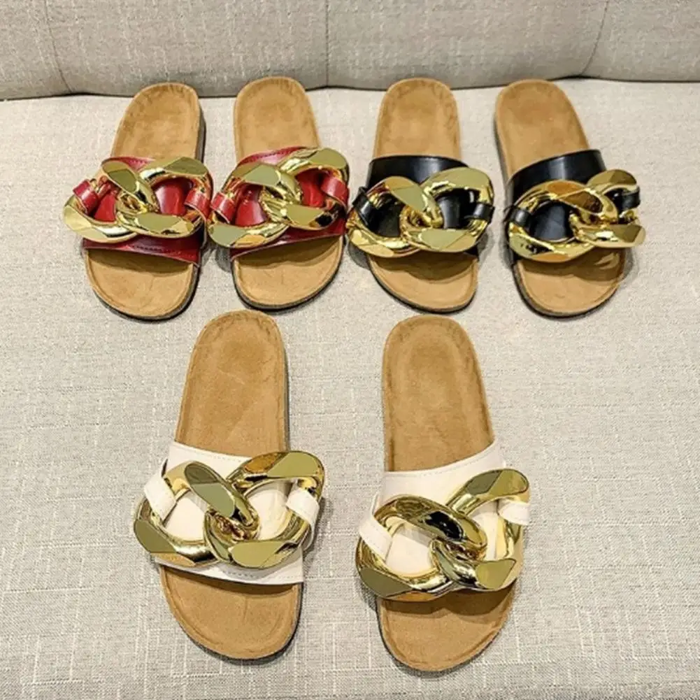 

Women Flat Sandals Casual Metal Chain Strap Summer Beach Slippers Sandals Women Genuine Summer Beach Ladies Low Heel