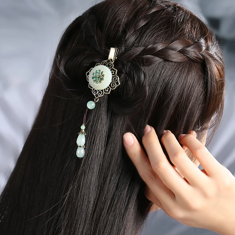 Винтажная Классическая заколка для волос с бисером из натурального нефрита