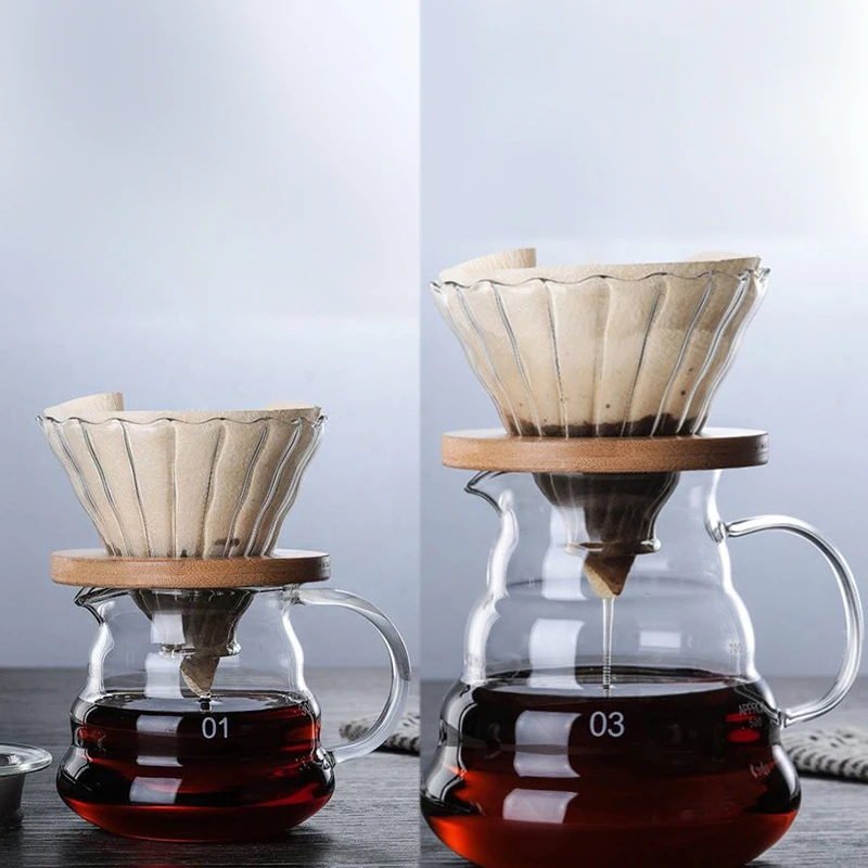 

Wooden Brackets Glass Coffee Dripper and Pot Set Japanese Style V60 Glass Coffee Filter Reusable Coffee Filters