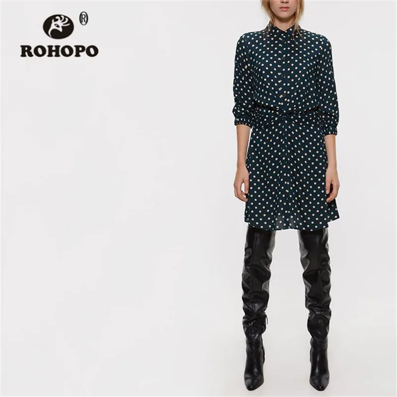 ROHOPO воротник с лацканами топ пуговицы драпировкой на талии бежевое в горошек