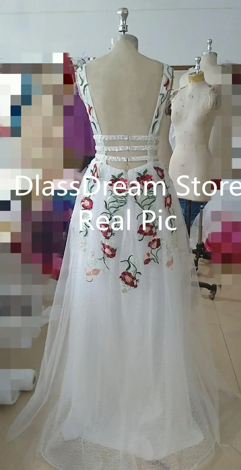 

White Tulle Evening Dress Floral Print Appliques Flowers Sweep Train Spaghetti Straps Sexy Backless Prom Dress