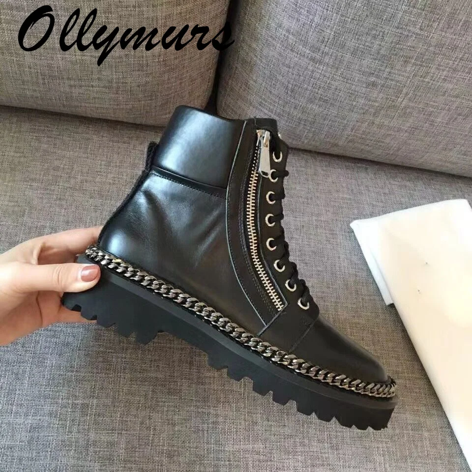 

Prowow New Genuine Leather Metal Chain lace Up Ankle Boots Round Toe Zip Side Ankle Heel Boots Brand Designer Boots Female Women