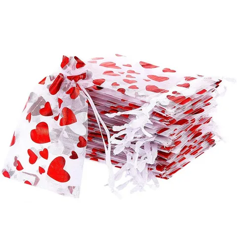 Подарочные пакеты с сердечками для влюбленных, 10 шт., пакеты для конфет на День святого Валентина, пакеты из органзы для упаковки подарков на свадьбу, день рождения