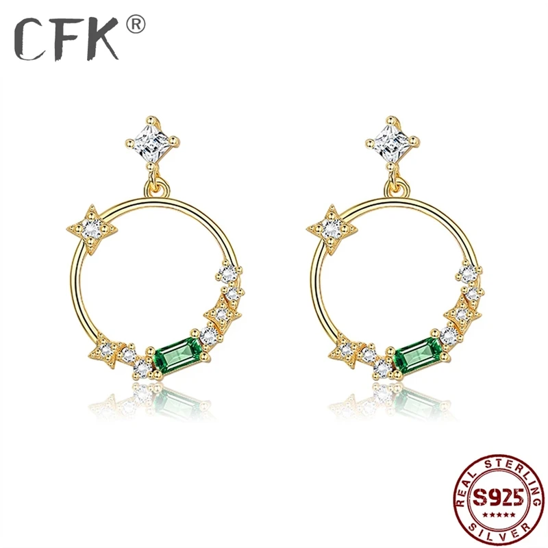 

CFK S925 Sterling Zilver Voor Vrouwen Sieraden Shining Crystal Zirkoon Cirkel Krans Oorbellen Trendy Goud Kleur Earring