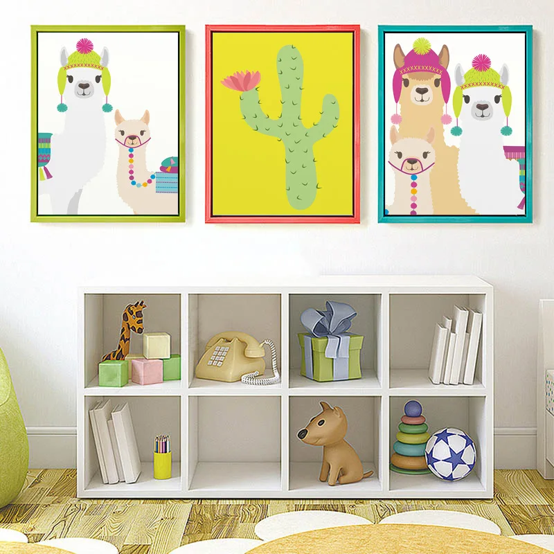 

Cute Colorful Llama Family Nursery Canvas Painting Wall Art Print Tropical Cactus Posters Kids Playroom Living RoomDecor Picture