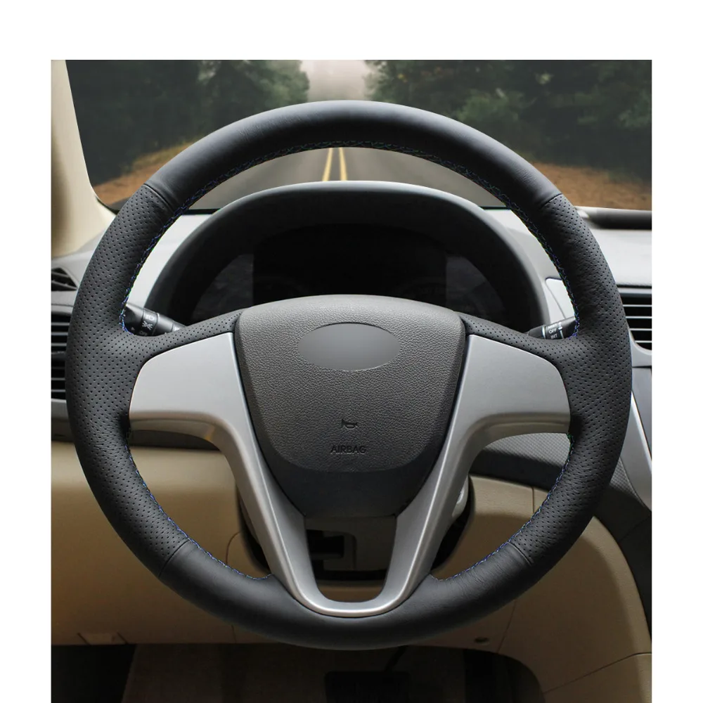 Черный чехол рулевого колеса автомобиля из искусственной кожи PU для Hyundai Solaris Verna