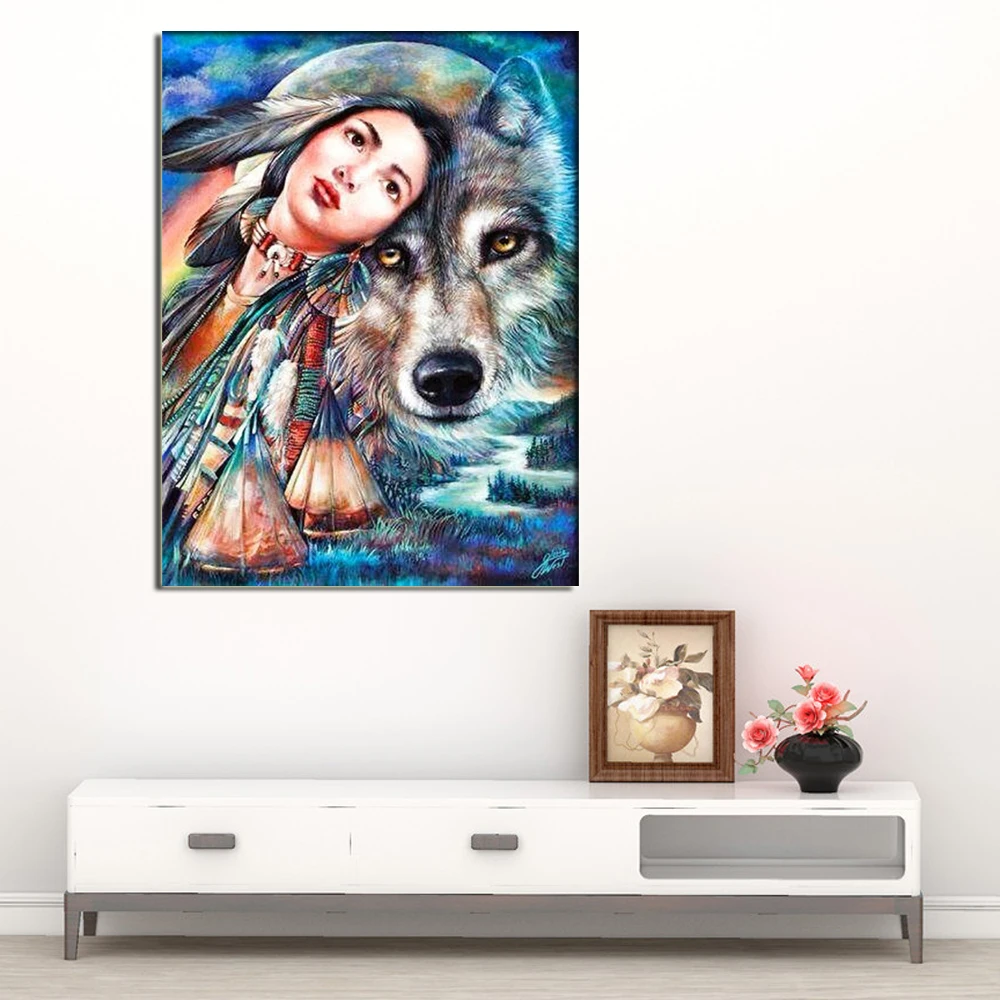 5D DIY Diamond Painting Wolf and woman round/square Cross Stitch Embroidery kits Mosaic home Decorative drill | Дом и сад