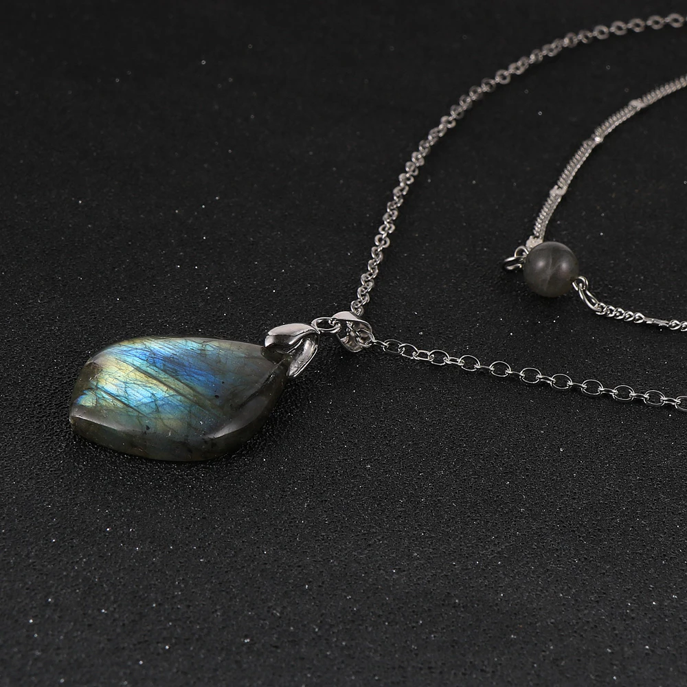Женское ожерелье с подвеской из натурального камня лабрадорита Двухслойное