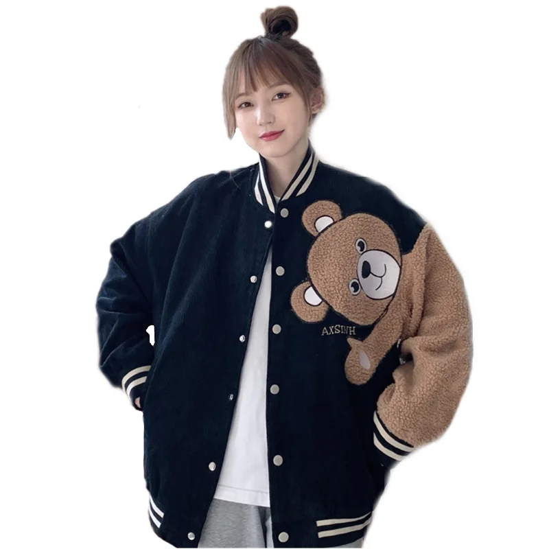 

Зимняя Свободная куртка с вышивкой, Женская милая уличная одежда с мультяшным медведем, блестящая бейсбольная куртка в стиле Харадзюку