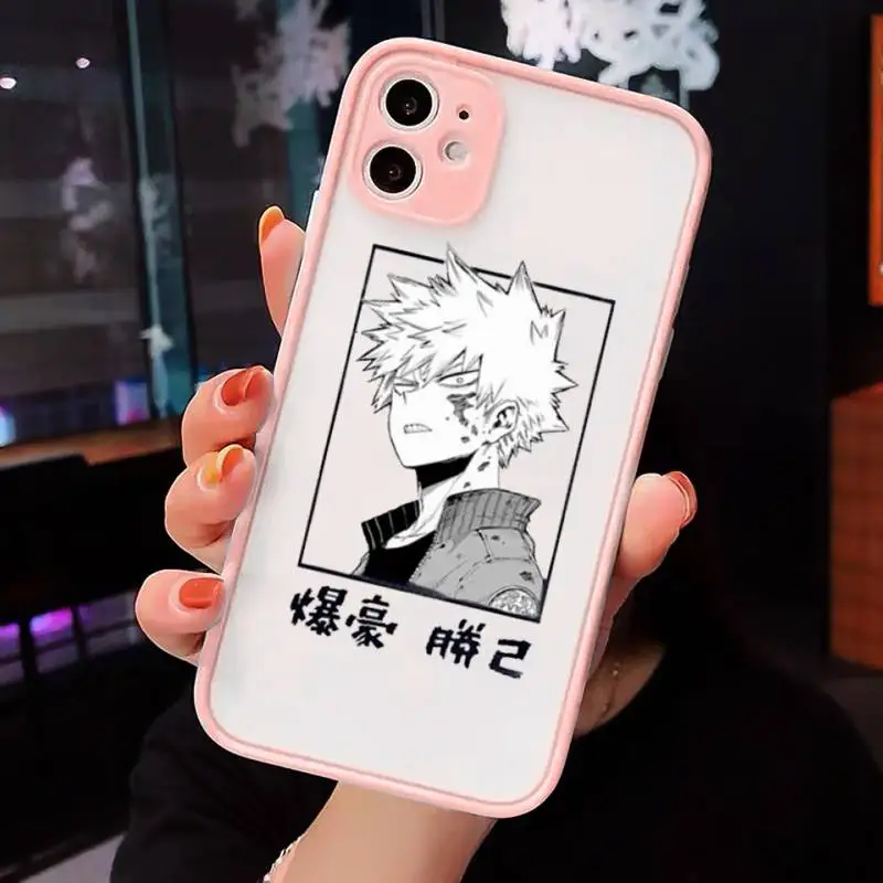 

boku My hero academia Phone Case For iPhone 12 11 Mini Pro XR XS Max 7 8 Plus X Matte transparent Pink Back Cover