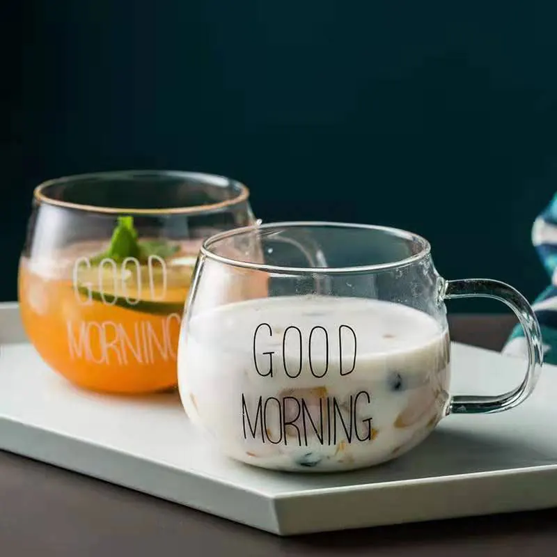 

1 PC Letter Printed Transparent Creative Glass Coffee Tea Drinks Dessert Breakfast Milk Cup Glass Mugs Handle Drinkware
