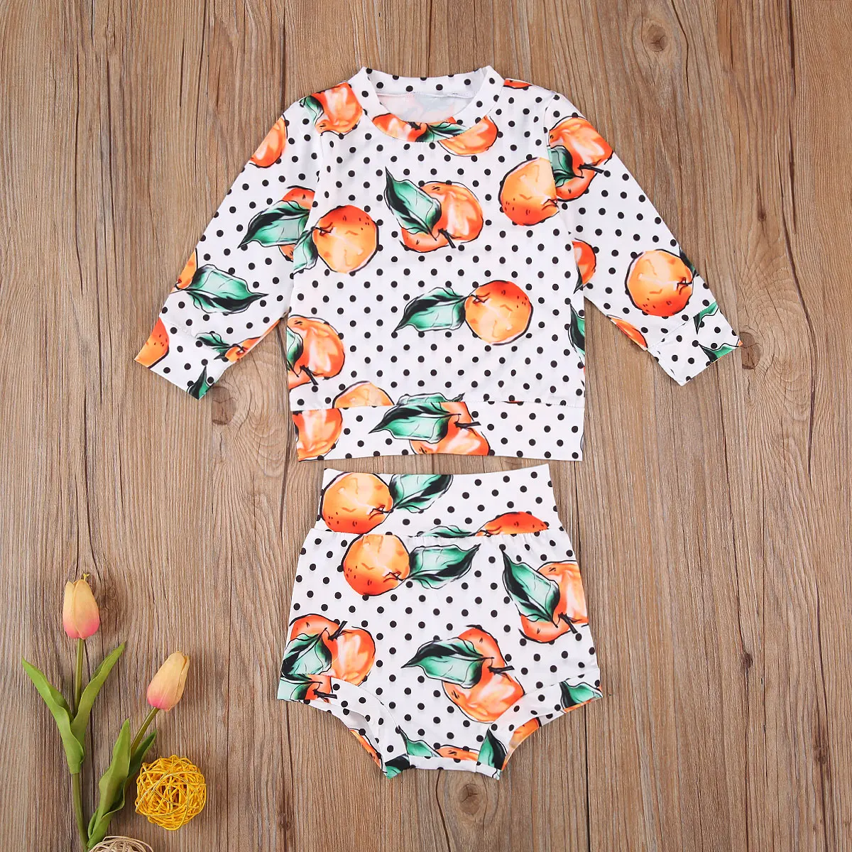 

2020 New Toddler Baby Cute Oranges Printed Clothes, Round Neck Long Sleeve T-shirt Top + Short Pant 2 Piece Outfits ropa de bebe