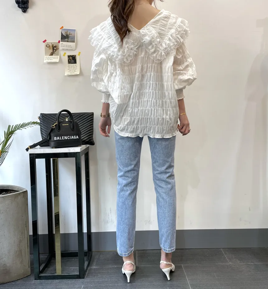 

ONALIPPA Women Blouse Korean Chic Mesh Stitching Doll Collar Folds Design Loose Single-breasted Lantern Sleeve White Shirt Sweet