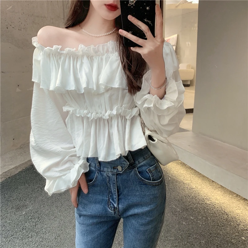 

COIGARSAM Ruffles blouse women Solid Slash neck blusas womens tops and blouses White 2090