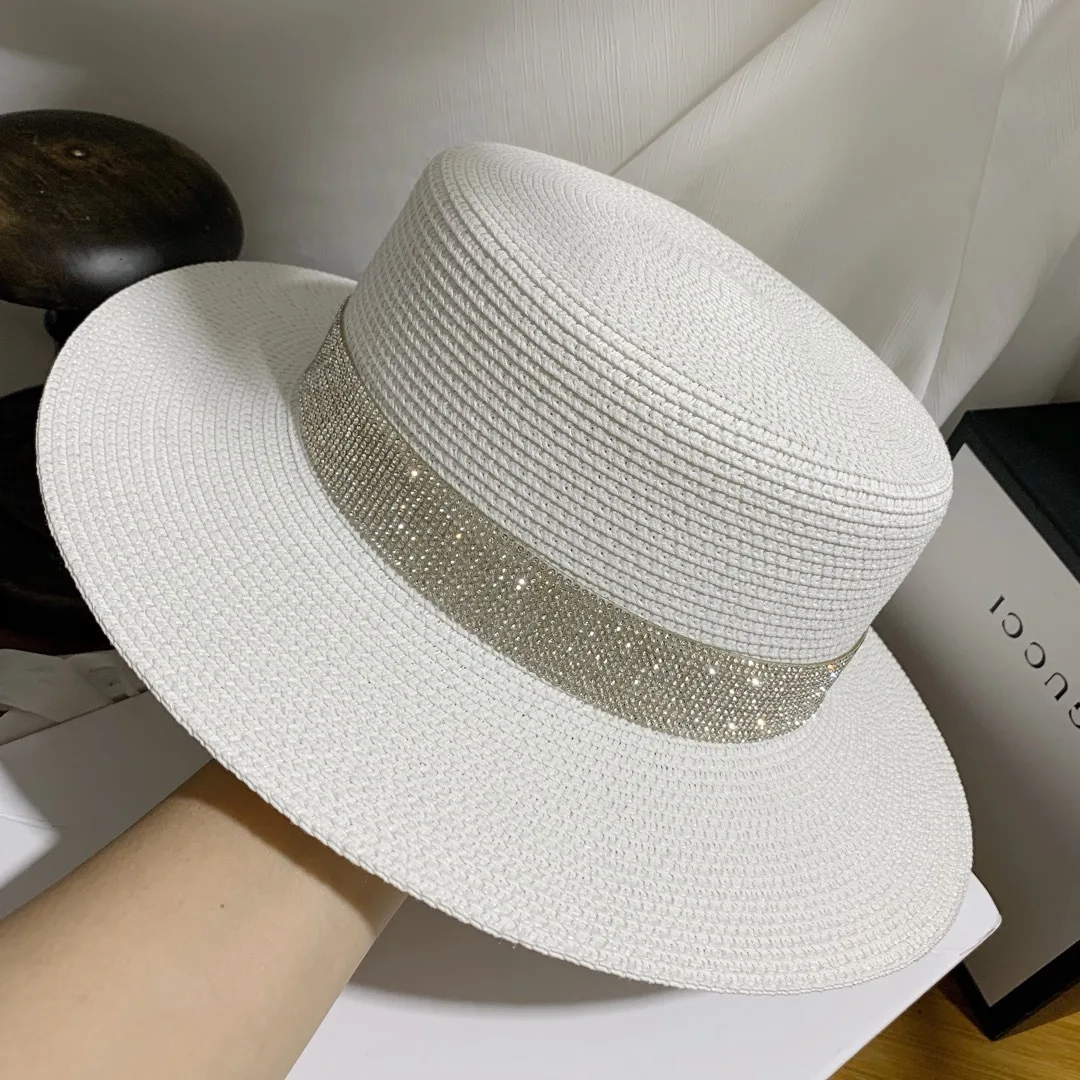 Шляпа женская Соломенная с широкими полями Федора плоским верхом и камнями для