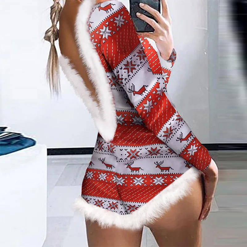 

Casual Patchwork Fuzzy Feather Bodysuit Playsuit Sexy Long Sleeve Backless Party Jumpsuits Women Christmas Print Romper Homewear
