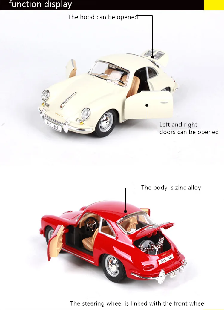 Bburago 1:24 1961 Porsche 356B модель автомобиля из сплава, модель автомобиля, украшение автомобиля, коллекция, Подарочная игрушка