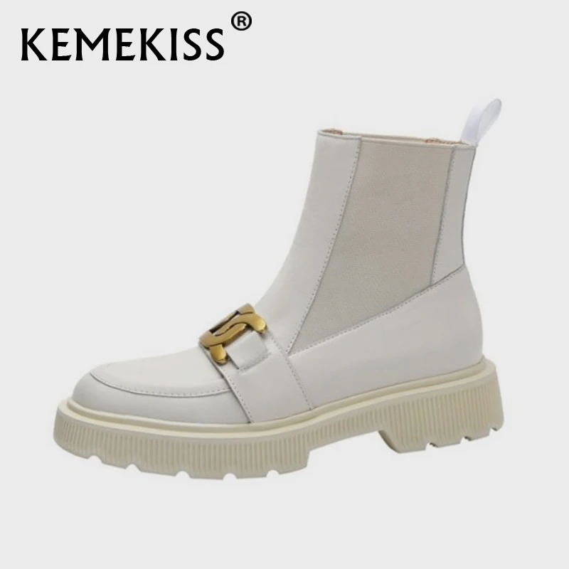 

KemeKiss Size 33-40 Women Genuine Leather Ankle Boots Square Heel Round Toe Slip On Metal Decoration Solid Color Female Footwear