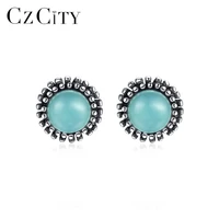czcity pure 925 sterling silver stud earrings for women fine jewelry round turquoise post earring joyeria fina para mujer se0422