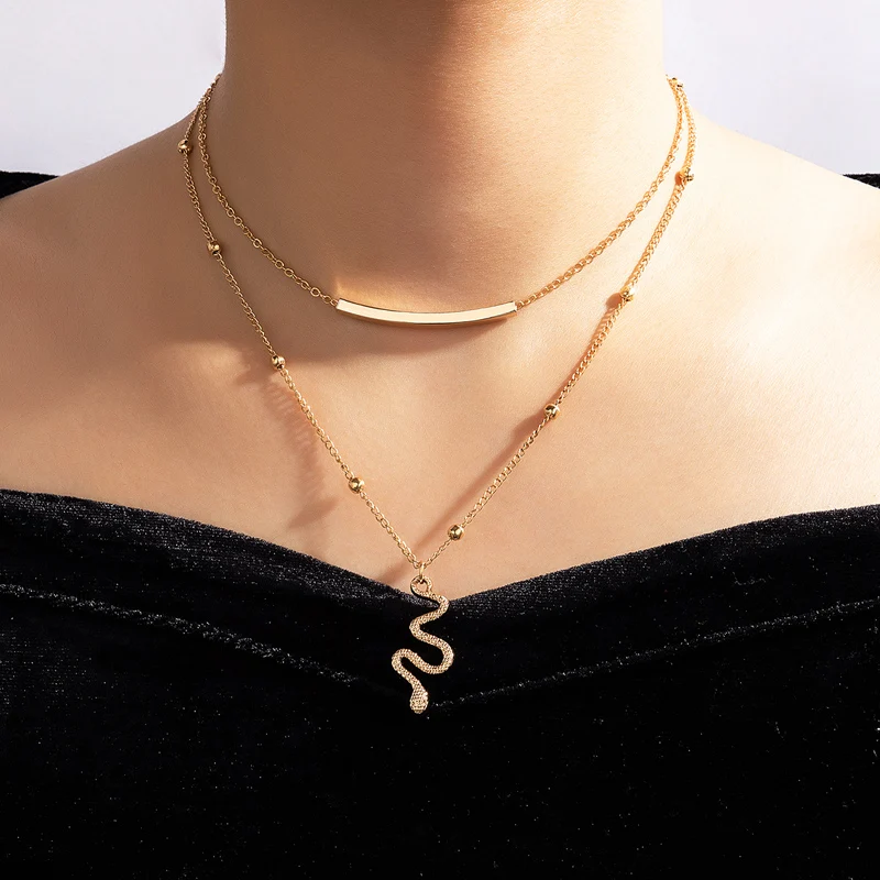 

Docona Bohemia Snake Shape Pandent Nacklace for Women Gold Geometric Round Bead Metal Clavicle Chain Girls Jewelry Collar 17905