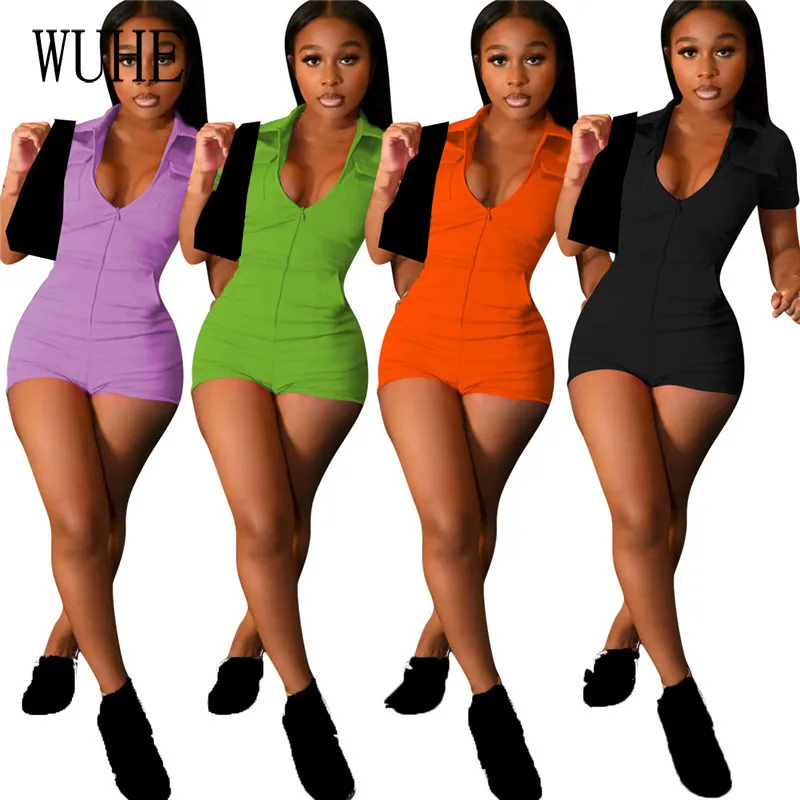 

WUHE Casual Sports Fitness Playsuits Zipper Up Short Sleeve Turn Down Collar Pockets Pleated Package Hip Club Party Overalls