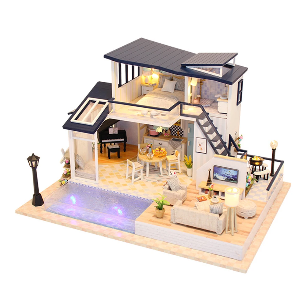 Handmade 3D Model Educational Decoration Miniatures Furniture Doll House Gift Mini Wooden Cabin DIY LED Light Villa | Игрушки и хобби
