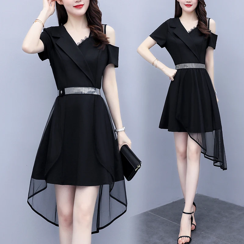 

5XL Plus Size Women Little Black Dress Summer 2021 Lace Patchwork V-neck Off the Shoulder Short Sleeve Ladies Mesh Party Dresses