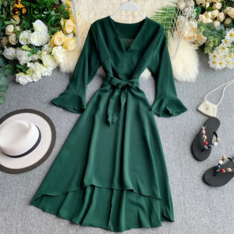 Женское шифоновое платье neplue осеннее макси с v образным вырезом сексуальные