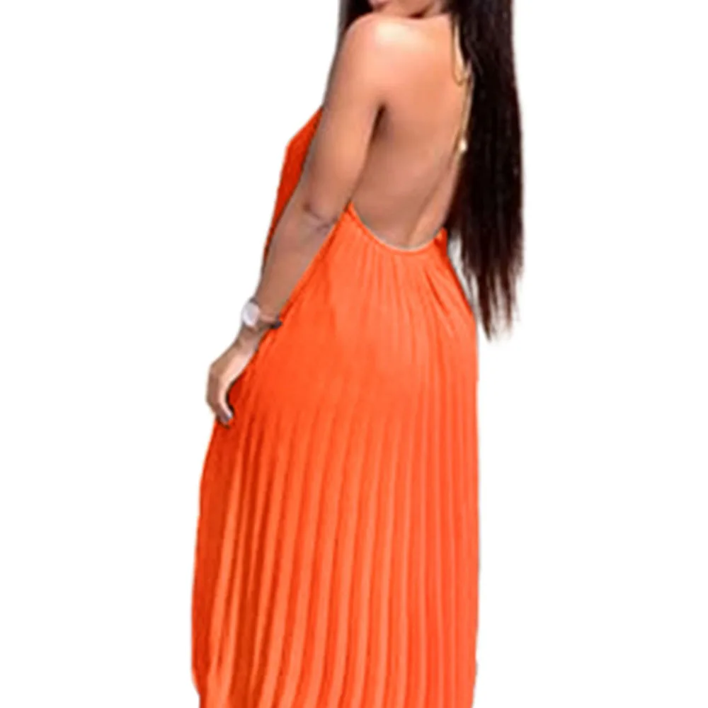 Женское длинное плиссированное платье с лямкой на шее макси без рукавов в