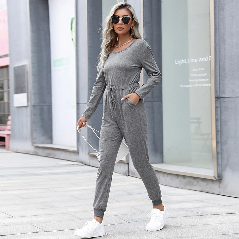 

2021 fall/winter new women’s solid color one-piece housecoat jumpsuit