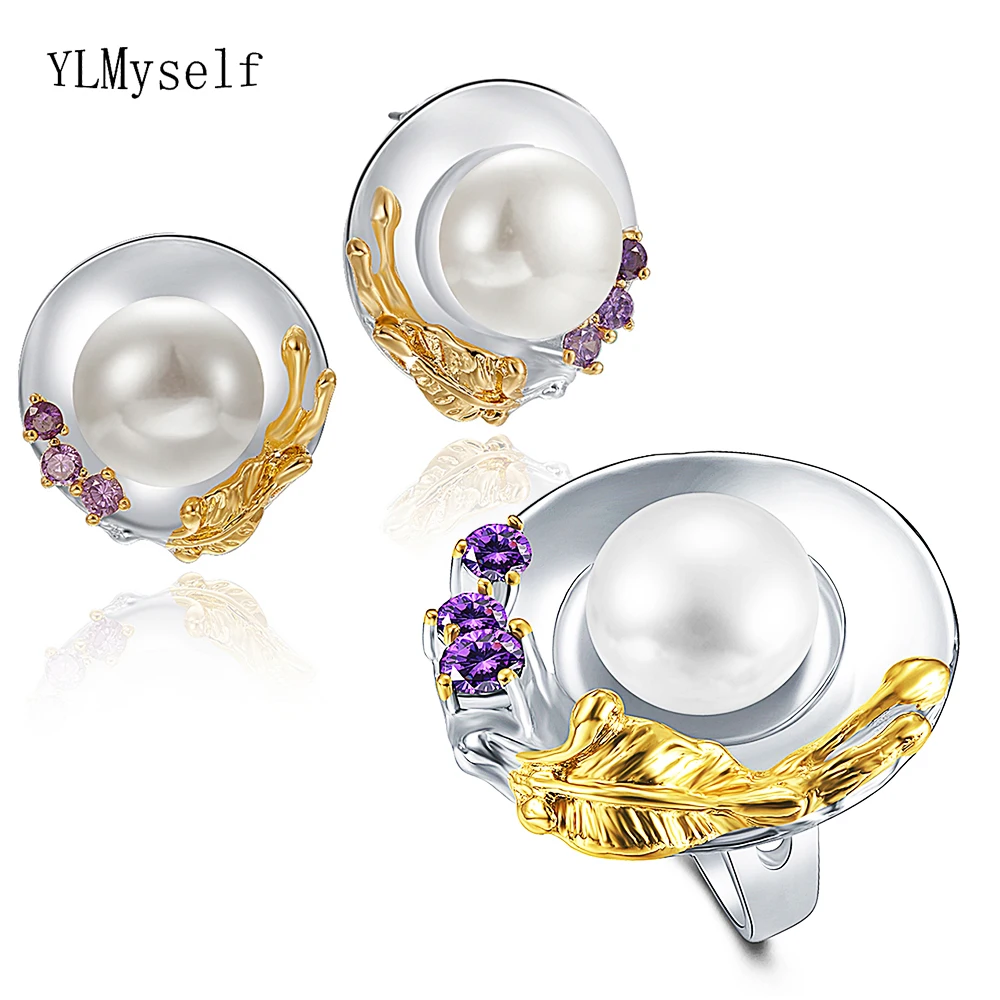 Серьги и кольцо серебристого цвета с крупным жемчугом фианитом|Ювелирные наборы|