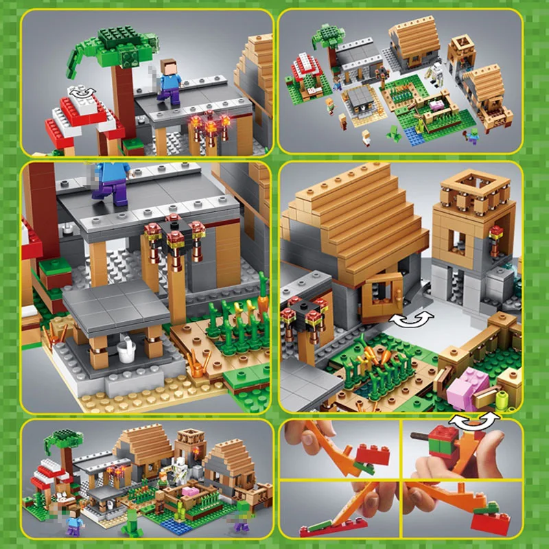 

My World The Farm Cottage Building Blocks Compatible Village House Mine Mountain Cave Figures Brick Toys For Children