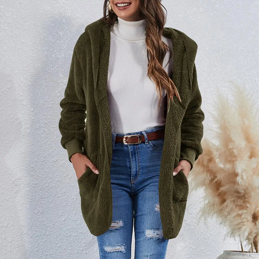 

70% Dropshipping!!Women Autumn Winter Long Sleeve Hooded Coat Plush Warm Outerwear Pockets Jacket