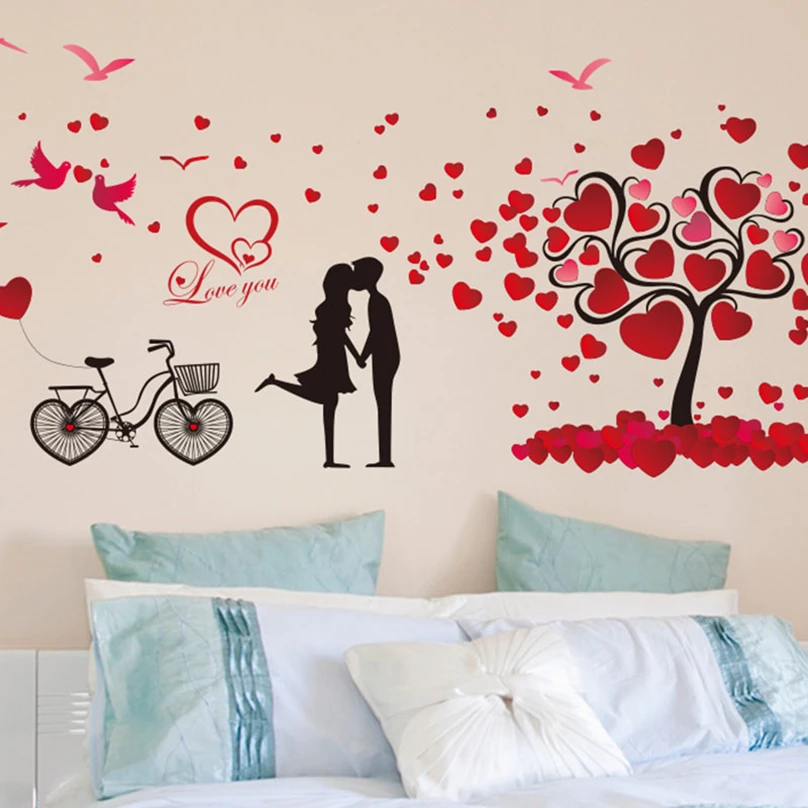 Настенные наклейки на велосипед дерево DIY мультфильм пары настенные для гостиной