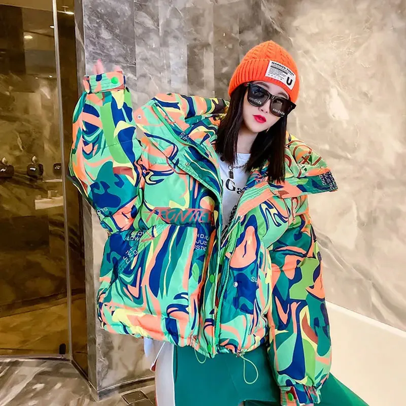 Fashion Printed Graffiti Women's Jacket Warm Winter Short Hooded Parka 2021 New Girls Coat Casual Loose Thick Female Down Jacket