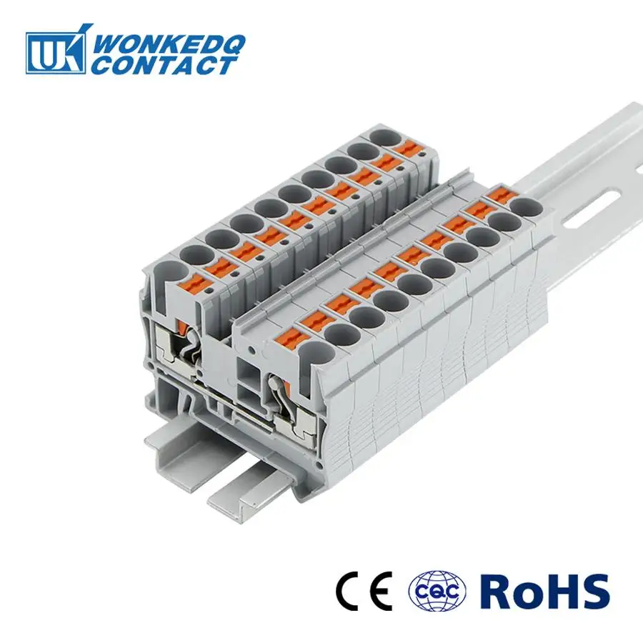 10Pcs PT6 Push-In Spring Feed-Through Strip Plug PT-6 Wire Electrical Connector Din Rail Screwless Terminal Block PT 6