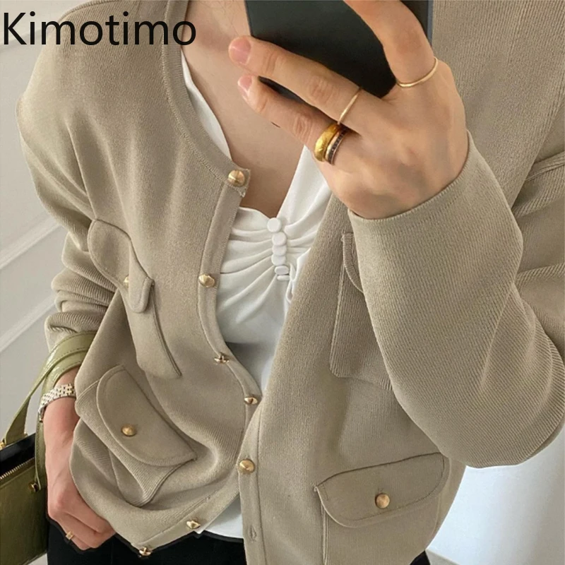 

Kimotimo вязаный кардиган с V-образным вырезом, женский корейский шикарный темпераментный укороченный топ с металлическими пуговицами, свитер, ...