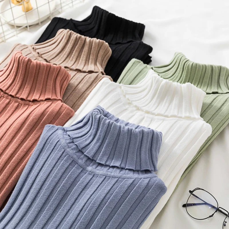 

Autumn Knitted Pullover Sweater Women Long Sleeve Vintage Jumper Turtleneck Sweater Tops Bottomed Solid Winter Sweaters 16220
