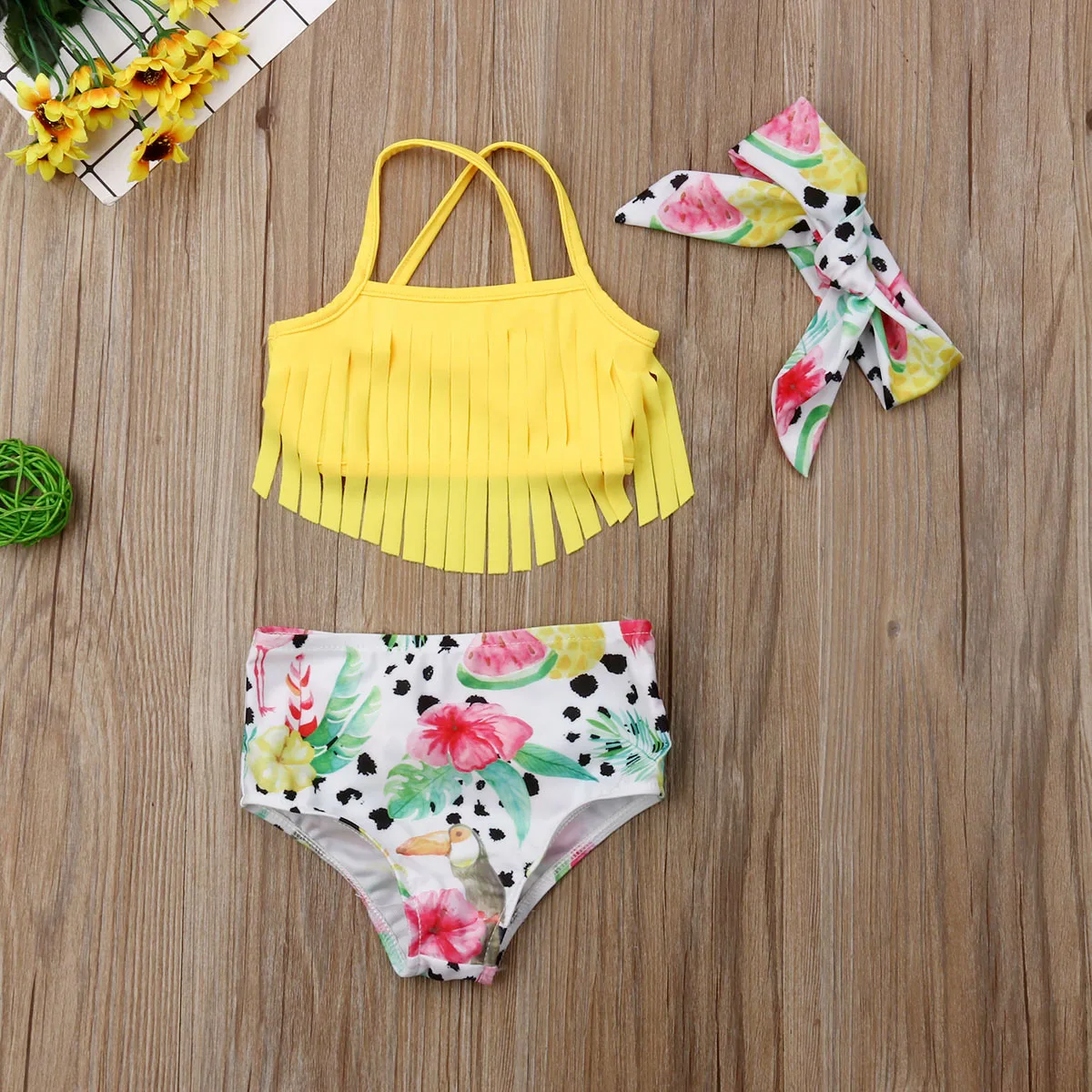 

Summer Swimsuit Newborn Infant Baby Girl Swimwear Suit Tassel Crops Tops + Dinosaur High Waist Shorts Outfit Beach Bikini