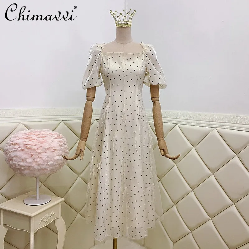 

Summer 2021 Women's Short Sleeve Dot Long Dress Women's Slim Waist Square Collar Casual Dress Female Slimming Midi Dress