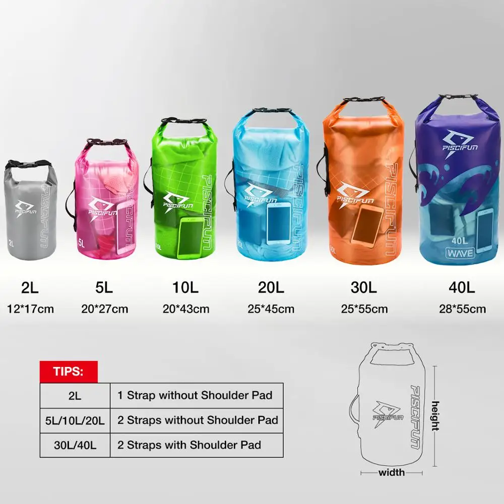 Piscifun Waterproof Dry Bag Outdoor Swimming Boating Floating Rafting Fishing Backpack 2L 5L10L 20L 30L 40L with Phone Case | Спорт и