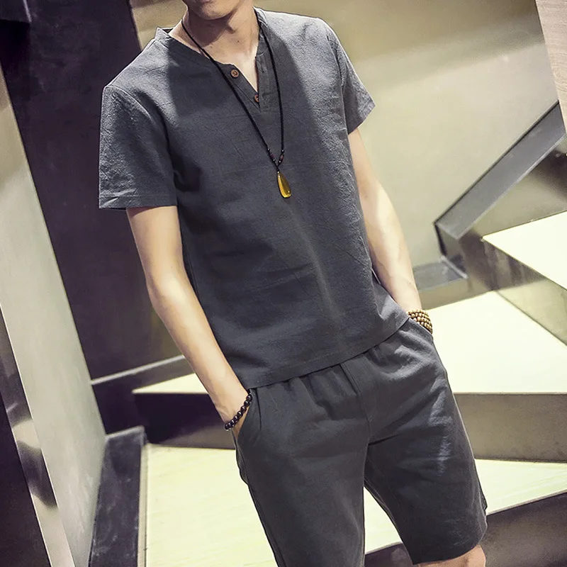 Летний Новый льняной костюм с футболкой и шортами коротким рукавом для молодых